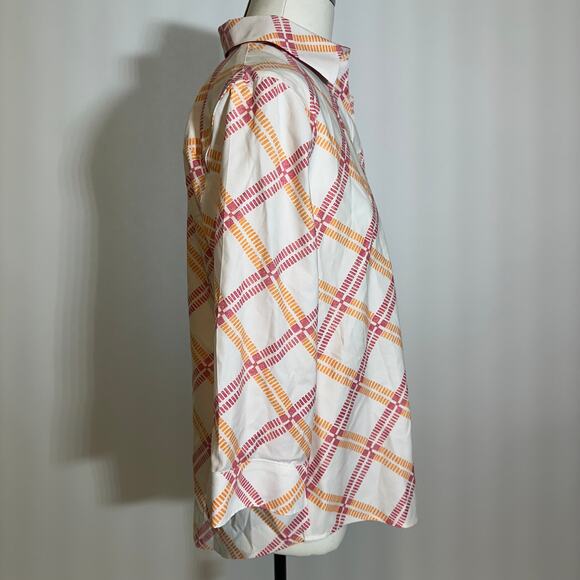 Chico's Pink Orange Diamond Plaid Button Up Blouse Womens Size 1 US 8/10 No Iron - Picture 3 of 10